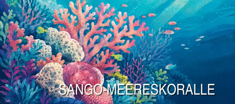 Farbenprächtige Korallenlandschaft mit Schriftzug „Sango-Meereskoralle“