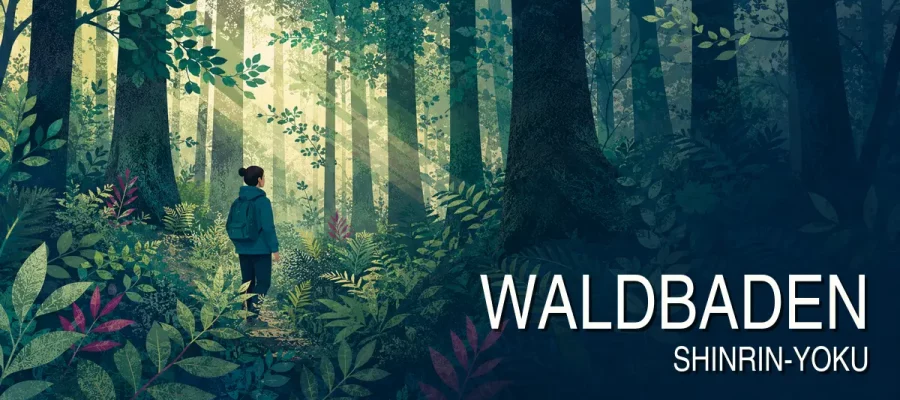 Waldbaden – Person in einem lichtdurchfluteten Wald mit Schriftzug „Waldbaden – Shinrin-Yoku“